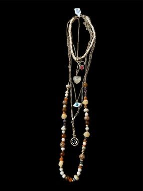 Boho Layered Multicharm Necklace in Gold and Brown